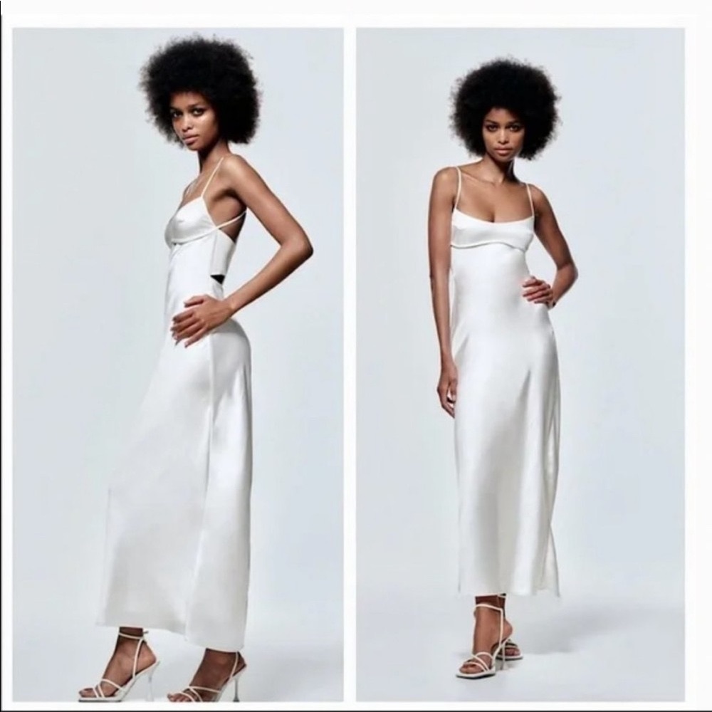 NWT Zara Satin Effect cut out midi dress, White-Medium